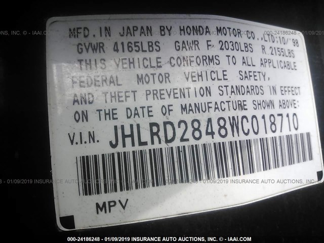 JHLRD2848WC018710 - 1998 HONDA CR-V LX Սև լուսանկար 9