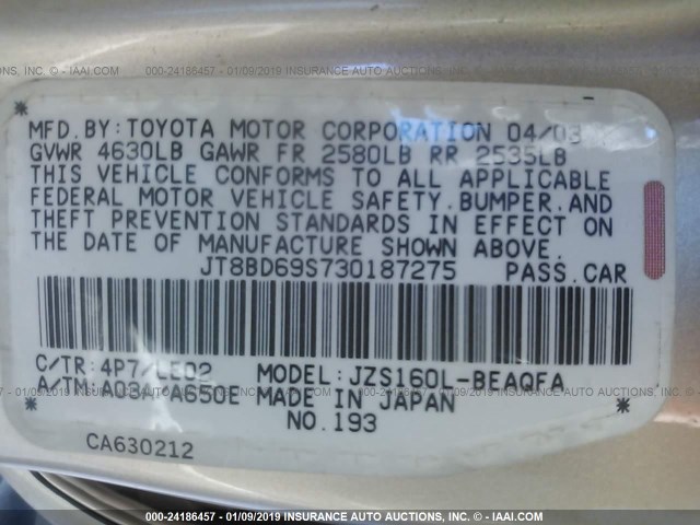 JT8BD69S730187275 - 2003 LEXUS GS 300 GOLD photo 9