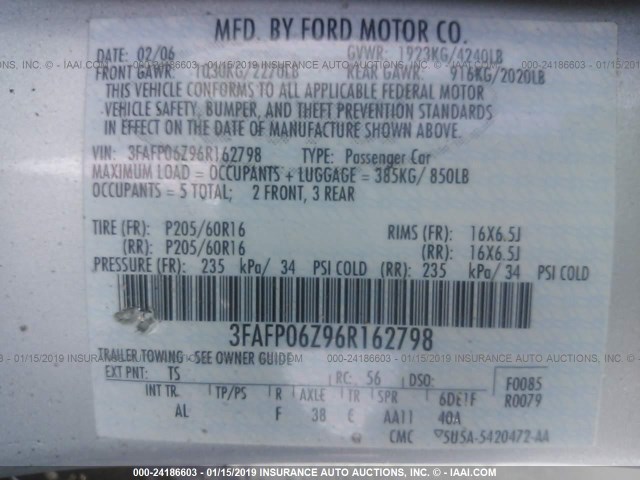 3FAFP06Z96R162798 - 2006 FORD FUSION S SILVER photo 9