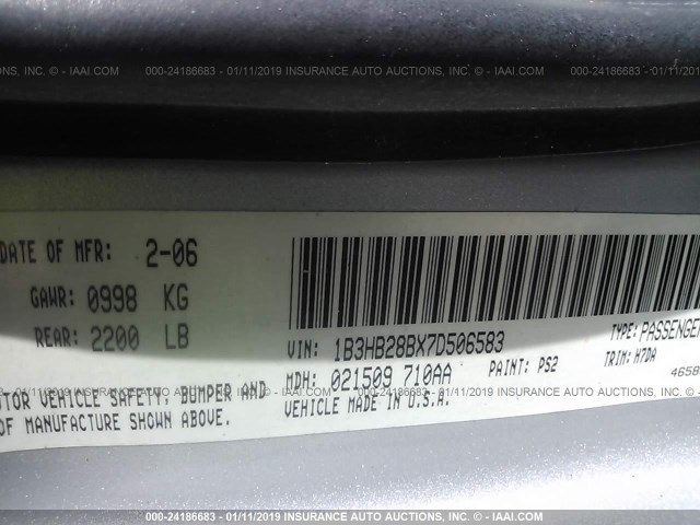 1B3HB28BX7D506583 - 2007 DODGE CALIBER SILVER photo 9