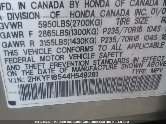 2HKYF18544H549281 - 2004 HONDA PILOT EXL BROWN photo 9