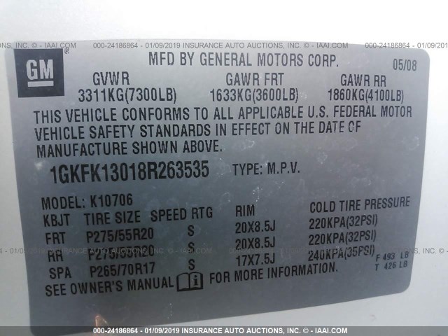 1GKFK13018R263535 - 2008 GMC YUKON WHITE photo 9