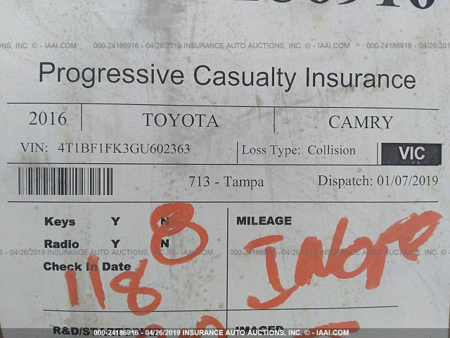 4T1BF1FK3GU602363 - 2016 TOYOTA CAMRY LE/XLE/SE/XSE BLACK photo 9