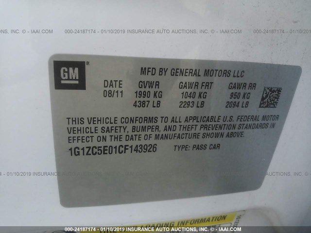 1G1ZC5E01CF143926 - 2012 CHEVROLET MALIBU 1LT 白色 照片 9