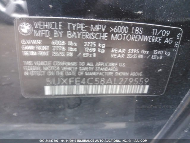 5UXFE4C58AL279559 - 2010 BMW X5 XDRIVE30I BLACK photo 9