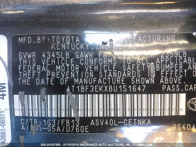 4T1BF3EKXBU151647 - 2011 TOYOTA CAMRY SE/LE/XLE GRAY photo 9