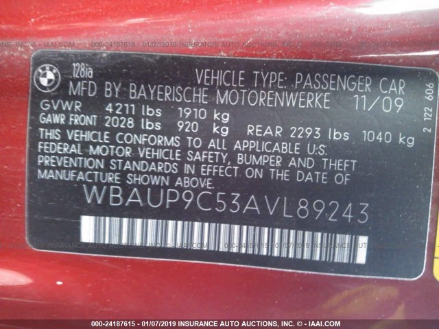 WBAUP9C53AVL89243 - 2010 BMW 128 I RED photo 9