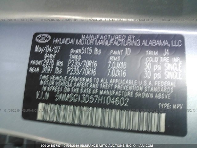 5NMSG13D57H104602 - 2007 HYUNDAI SANTA FE GLS GRAY photo 9