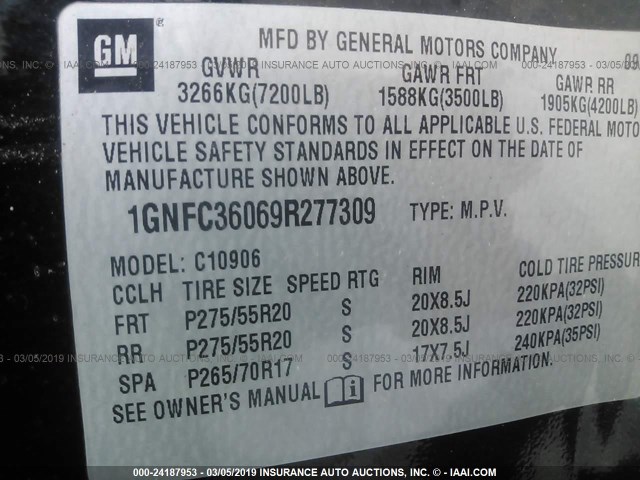 1GNFC36069R277309 - 2009 CHEVROLET SUBURBAN BLACK photo 9