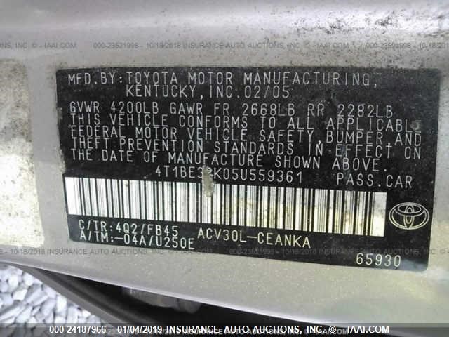 4T1BE32K05U559361 - 2005 TOYOTA CAMRY LE/XLE/SE SILVER photo 9