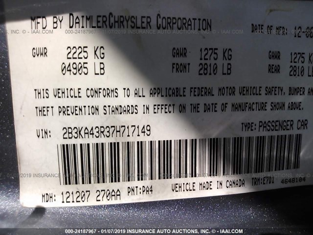 2B3KA43R37H717149 - 2007 DODGE CHARGER SE/SXT SILVER photo 9