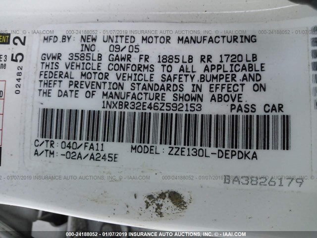 1NXBR32E46Z592153 - 2006 TOYOTA COROLLA WHITE photo 9