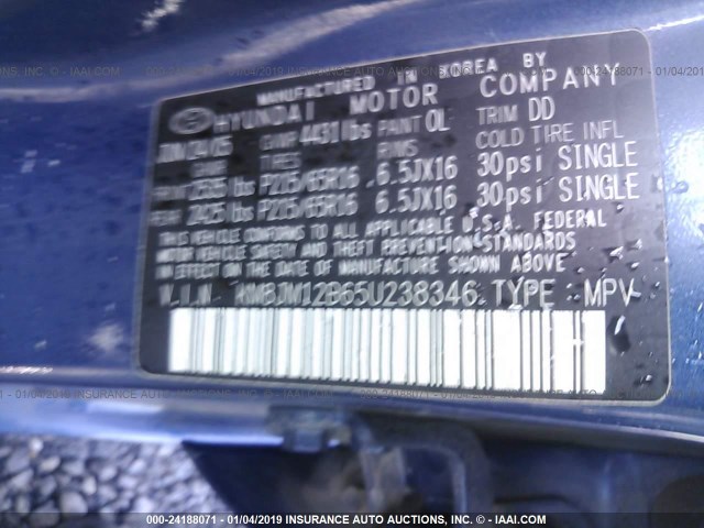 KM8JM12B65U238346 - 2005 HYUNDAI TUCSON GL BLUE photo 9