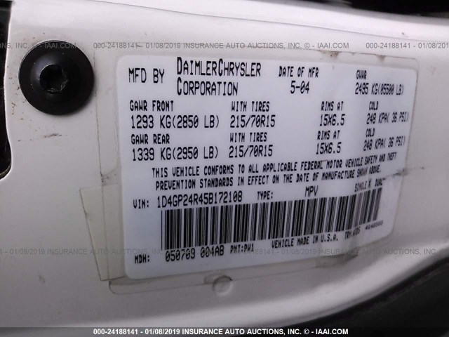 1D4GP24R45B172108 - 2005 DODGE GRAND CARAVAN SE WHITE photo 9