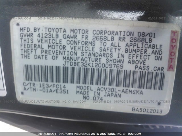 JTDBE32K120009769 - 2002 TOYOTA CAMRY LE/XLE/SE GRAY photo 9