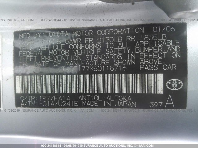 JTKDE177X60118716 - 2006 TOYOTA SCION TC SILVER photo 9