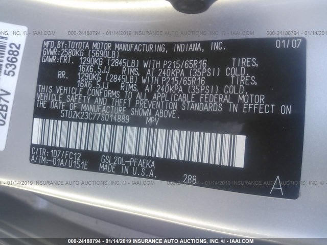 5TDZK23C77S014889 - 2007 TOYOTA SIENNA CE/LE SILVER photo 9