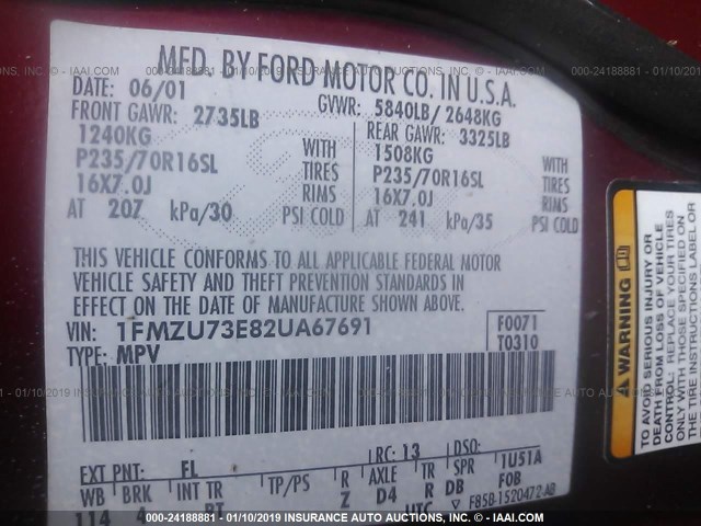 1FMZU73E82UA67691 - 2002 FORD EXPLORER XLT BURGUNDY photo 9