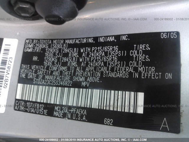 5TDZA23C25S346822 - 2005 TOYOTA SIENNA CE/LE SILVER photo 9