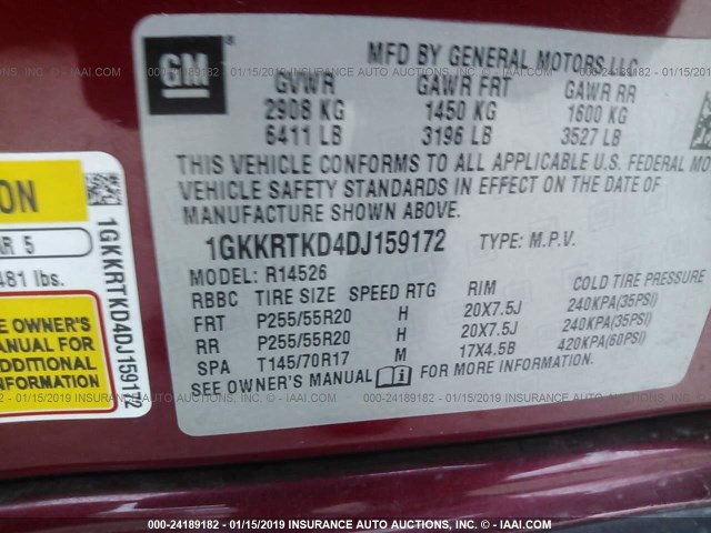 1GKKRTKD4DJ159172 - 2013 GMC ACADIA DENALI RED photo 9