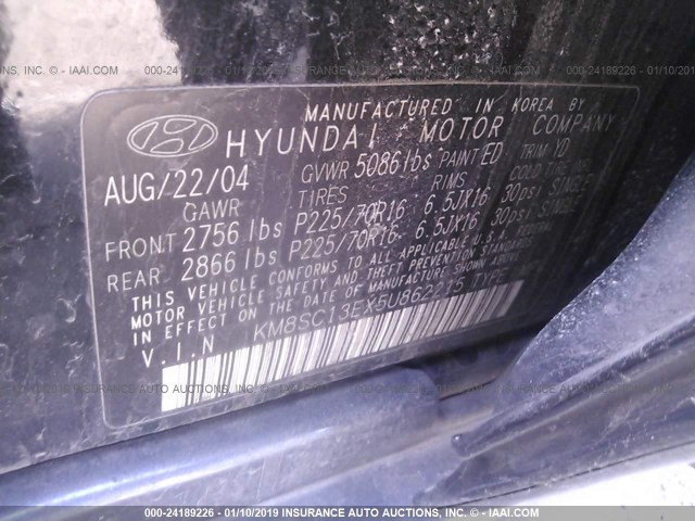 KM8SC13EX5U862215 - 2005 HYUNDAI SANTA FE GLS/LX BLACK photo 9