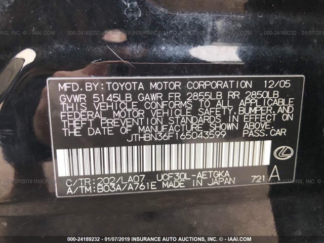 JTHBN36F165043599 - 2006 LEXUS LS 430 BLACK photo 9