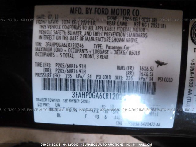 3FAHP0GA6CR120246 - 2012 FORD FUSION S BLACK photo 9