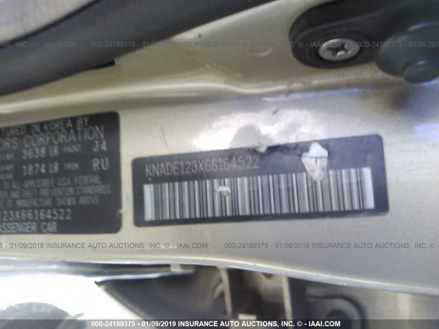 KNADE123X66164522 - 2006 KIA RIO GOLD photo 9