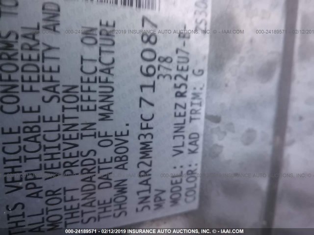 5N1AR2MM3FC716087 - 2015 NISSAN PATHFINDER S/SV/SL/PLATINUM GRAY photo 9