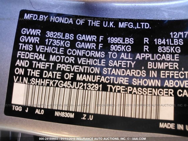 SHHFK7G45JU213291 - 2018 HONDA CIVIC SPORT Grau Foto 9