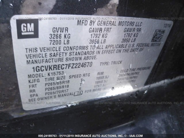 1GCVKREC7FZ224670 - 2015 CHEVROLET SILVERADO K1500 LT BLACK photo 9