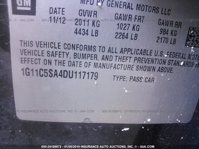 1G11C5SA4DU117179 - 2013 CHEVROLET MALIBU 1LT BLACK photo 9