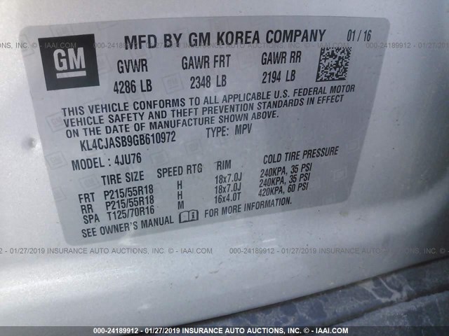 KL4CJASB9GB610972 - 2016 BUICK ENCORE SILVER photo 9