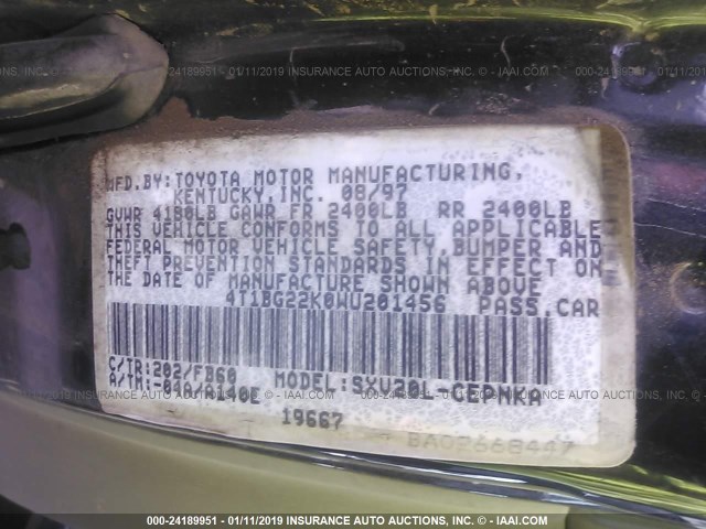 4T1BG22K0WU201456 - 1998 TOYOTA CAMRY CE/LE/XLE BLACK photo 9