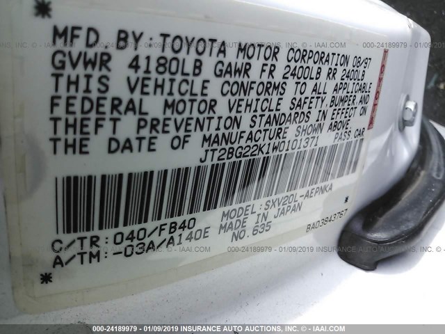 JT2BG22K1W0101371 - 1998 TOYOTA CAMRY CE/LE/XLE WHITE photo 9