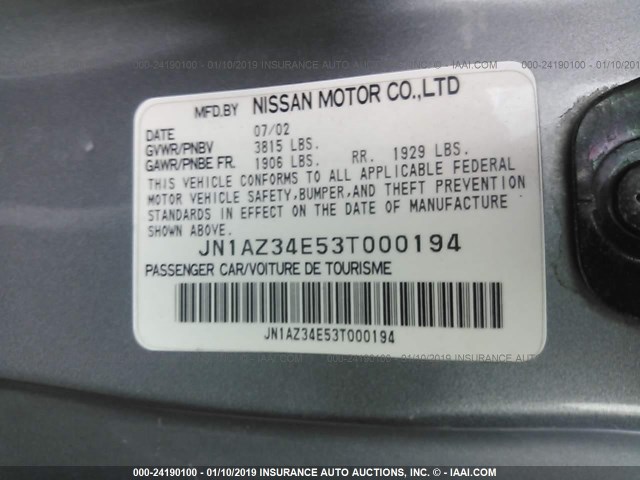 JN1AZ34E53T000194 - 2003 NISSAN 350Z COUPE SILVER photo 9