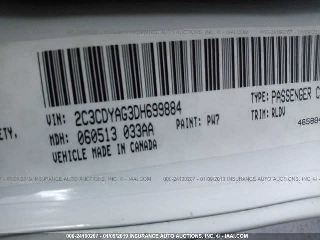 2C3CDYAG3DH699884 - 2013 DODGE CHALLENGER SXT WHITE photo 9