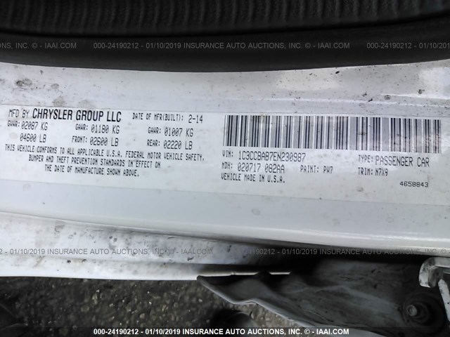 1C3CCBAB7EN230987 - 2014 CHRYSLER 200 LX WHITE photo 9