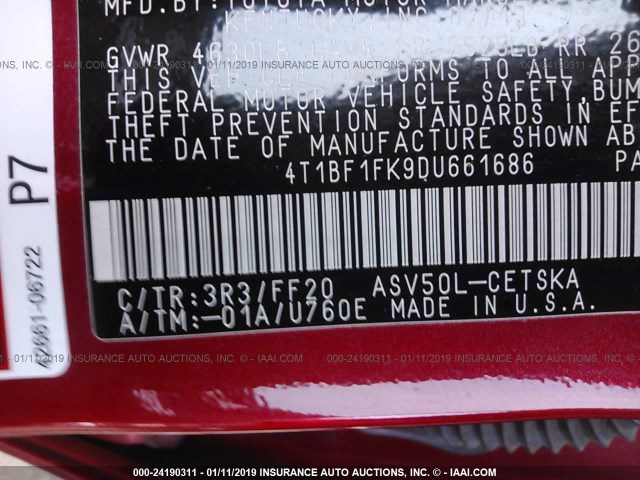 4T1BF1FK9DU661686 - 2013 TOYOTA CAMRY L/SE/LE/XLE 红色 照片 9