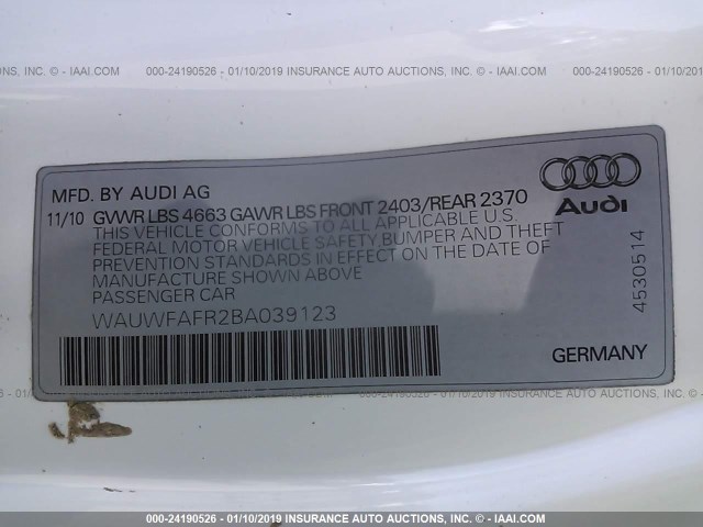 WAUWFAFR2BA039123 - 2011 AUDI A5 PRESTIGE WHITE photo 9