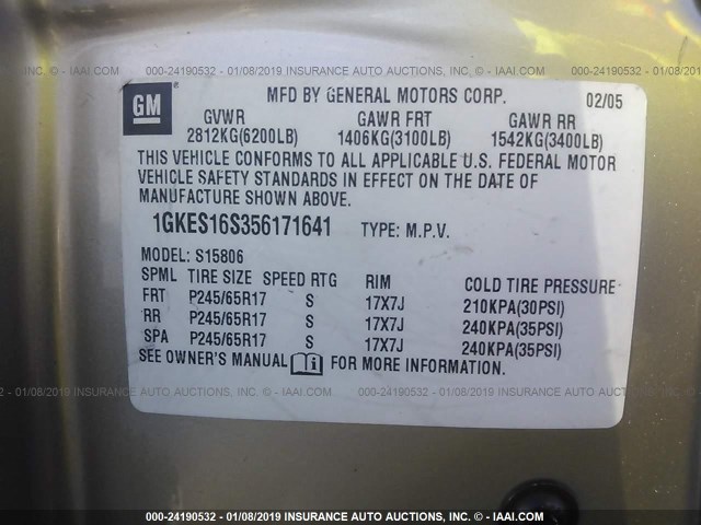 1GKES16S356171641 - 2005 GMC ENVOY XL BEIGE photo 9