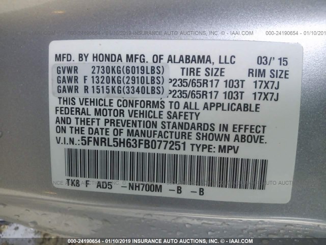 5FNRL5H63FB077251 - 2015 HONDA ODYSSEY EXL SILVER photo 9