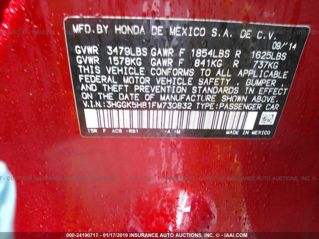 3HGGK5H81FM730832 - 2015 HONDA FIT EX/EXL RED photo 9