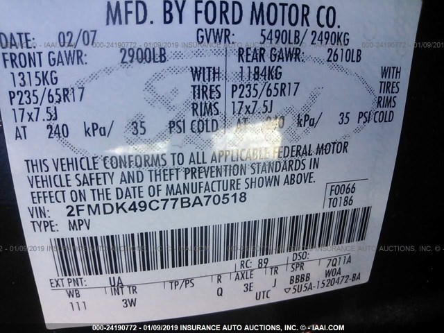 2FMDK49C77BA70518 - 2007 FORD EDGE SEL PLUS BLACK photo 9