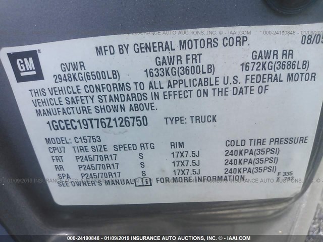 1GCEC19T76Z126750 - 2006 CHEVROLET SILVERADO C1500 GRAY photo 9