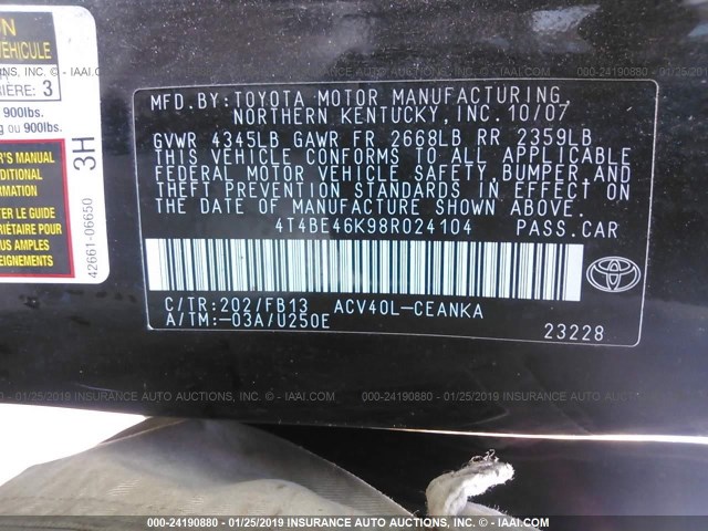4T4BE46K98R024104 - 2008 TOYOTA CAMRY CE/LE/XLE/SE BLACK photo 9