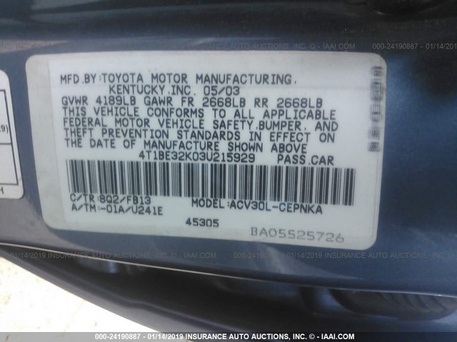 4T1BE32K03U215929 - 2003 TOYOTA CAMRY LE/XLE/SE BLUE photo 9