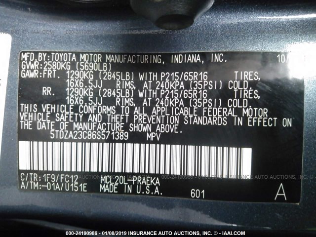 5TDZA23C86S571389 - 2006 TOYOTA SIENNA CE/LE BLUE photo 9