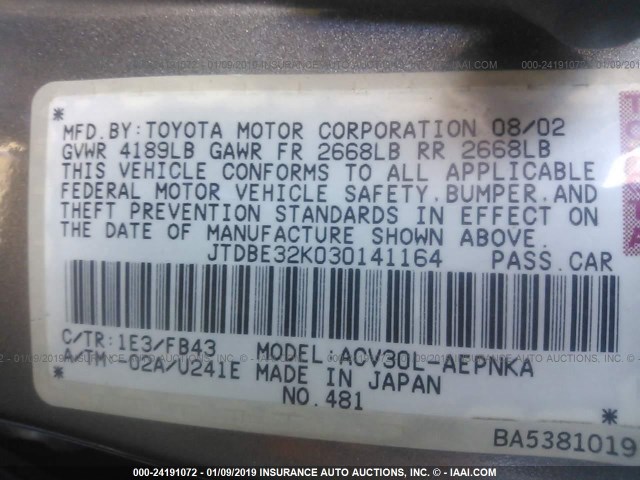 JTDBE32K030141164 - 2003 TOYOTA CAMRY LE/XLE GRAY photo 9
