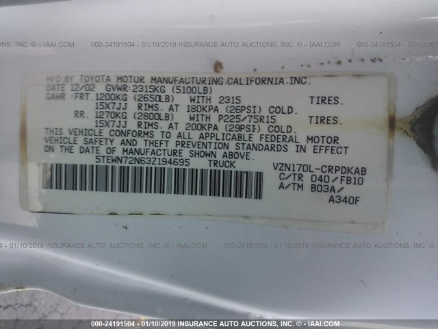 5TEWN72N63Z194695 - 2003 TOYOTA TACOMA XTRACAB WHITE photo 9